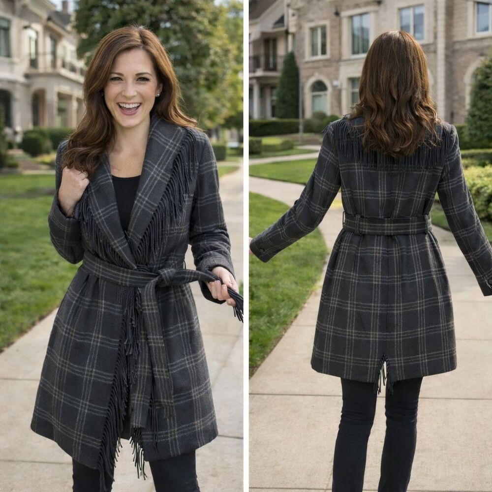 Michael Kors Fringe Belted Wrap Coat‎ Medium Black Light Gray Plaid Wool Blend